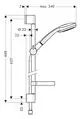 Hansgrohe Brauseset mit Brausestange und Seifenschale. Technische Zeichnung zeigt Dimensionen und Anschlüsse für die Installation.